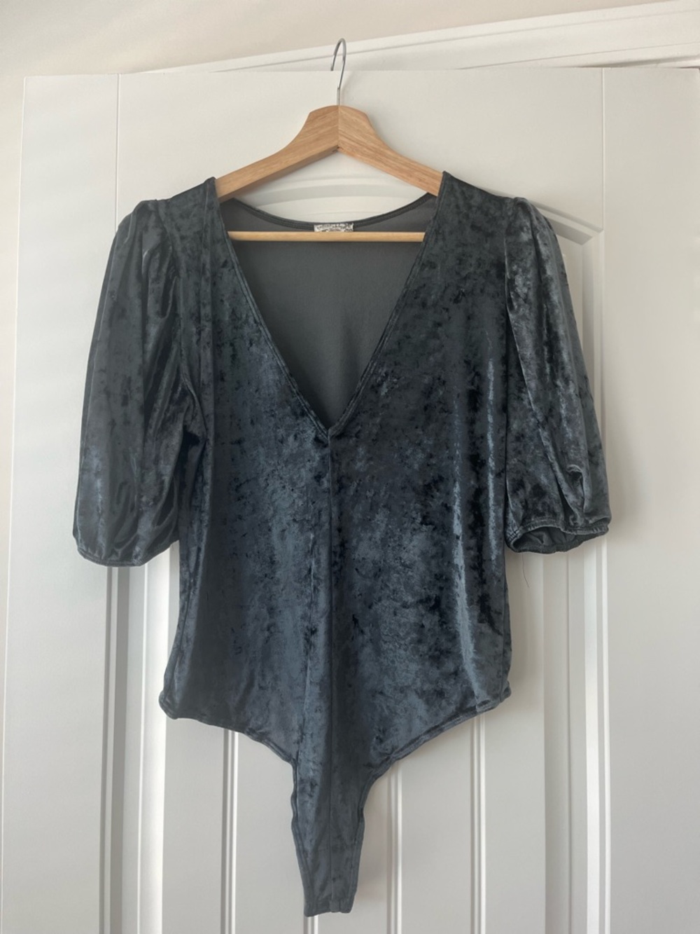 Free People Velvet Puff-Sleeve V-Neck Bodysuit - Blue